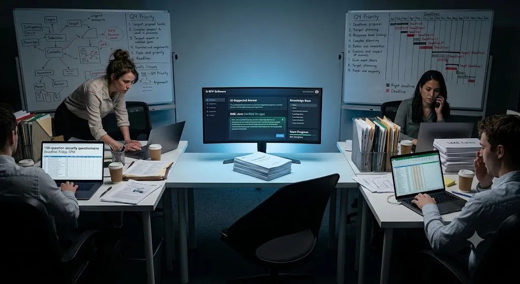 A busy, dimly lit office during a Q4 crunch where proposal writers work late at night under high stress, contrasted by a glowing, centrally placed computer screen displaying AI RFP Software that provides automated answers and a streamlined workflow.