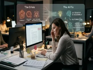 A weary woman in an office at night working at a computer with a translucent infographic overlay explaining 'The Crisis' (Burnout, Endless RFPs, Retention Risk) and 'The AI Fix' (AI Search, Automation, Strategic Focus).
