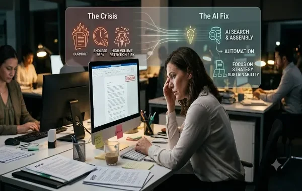 A weary woman in an office at night working at a computer with a translucent infographic overlay explaining 'The Crisis' (Burnout, Endless RFPs, Retention Risk) and 'The AI Fix' (AI Search, Automation, Strategic Focus).