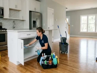 Woman with Queen City Cleaning Services scrubs the interior of a white cabinet shelf in a large, empty, modern open-concept kitchen with white cabinets, white subway tile backsplash, and hardwood floors and an empty living room in the background.