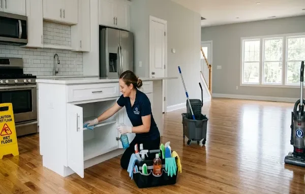 Woman with Queen City Cleaning Services scrubs the interior of a white cabinet shelf in a large, empty, modern open-concept kitchen with white cabinets, white subway tile backsplash, and hardwood floors and an empty living room in the background.