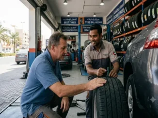 A mechanic showing a car owner a brand new tyre at a discount tyre shop in Dubai, UAE.