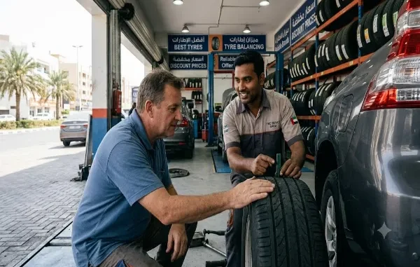 A mechanic showing a car owner a brand new tyre at a discount tyre shop in Dubai, UAE.