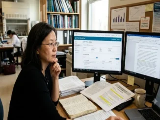 A focused female researcher sits at a multi-monitor workstation in a laboratory office, analyzing "Journal Analytics" metrics including SJR on a screen, with manuscripts and a "Scopus Indexed Journals" notice on the wall behind her.