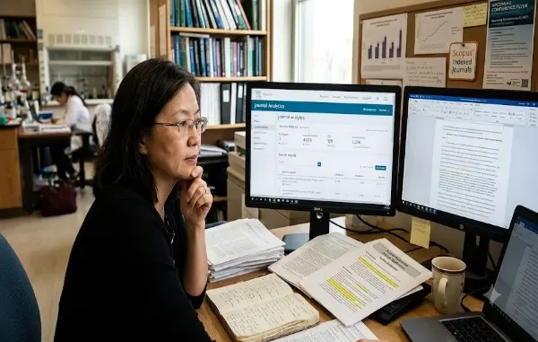A focused female researcher sits at a multi-monitor workstation in a laboratory office, analyzing "Journal Analytics" metrics including SJR on a screen, with manuscripts and a "Scopus Indexed Journals" notice on the wall behind her.