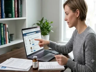 A focused woman sits at a wooden desk with a laptop, comparing peptide product listings and reading buyer details before making an online purchase.
