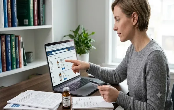 A focused woman sits at a wooden desk with a laptop, comparing peptide product listings and reading buyer details before making an online purchase.
