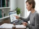 A focused woman sits at a wooden desk with a laptop, comparing peptide product listings and reading buyer details before making an online purchase.