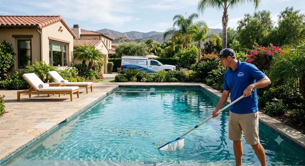 A professional pool technician wearing a blue polo shirt and cap skims leaves from a crystal-clear backyard swimming pool. In the background, a white service truck branded with 'Saddleback Mountain Pool & Spa' is parked near a luxury home with palm trees and mountain views under a clear sky.