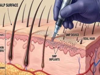 Medical cross-section diagram showing an SMP device depositing pigment dots into the upper dermis layer of the scalp alongside natural hair follicles.