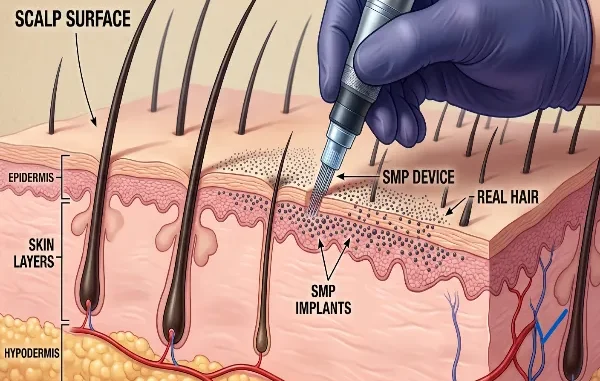 Medical cross-section diagram showing an SMP device depositing pigment dots into the upper dermis layer of the scalp alongside natural hair follicles.