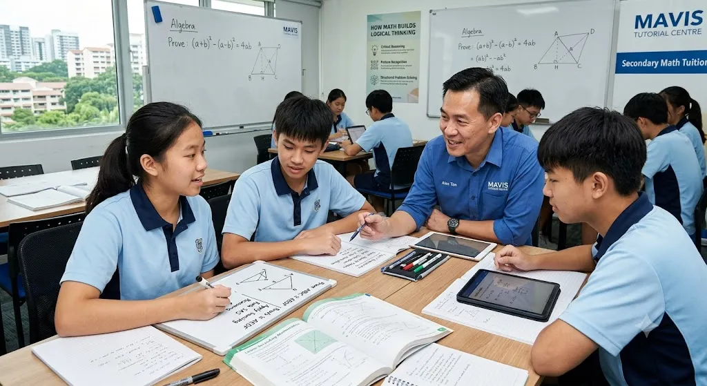 Asian secondary students in school uniforms working together on logical math proofs during a small-group tuition session at Mavis Tutorial Centre.