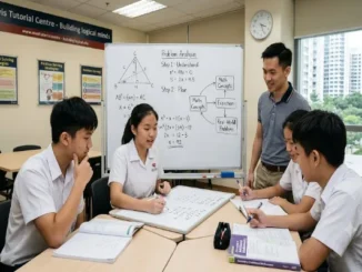 Singapore secondary school students and a tutor collaborating around a whiteboard displaying math problem-solving steps in a tuition classroom.