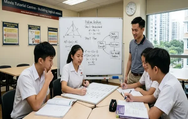 Singapore secondary school students and a tutor collaborating around a whiteboard displaying math problem-solving steps in a tuition classroom.