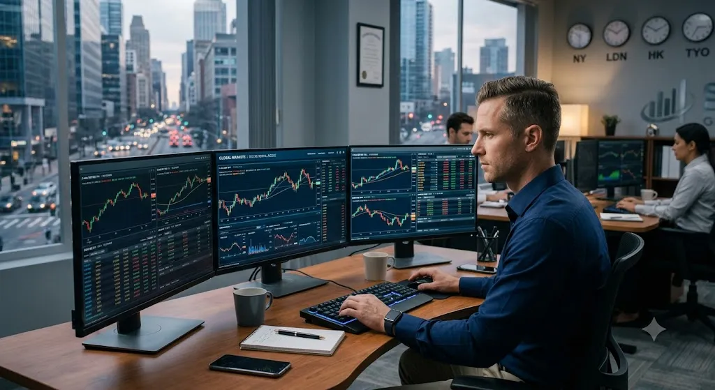 A professional trader working in a modern office, analyzing global futures trading charts across multiple monitors overlooking a city skyline.