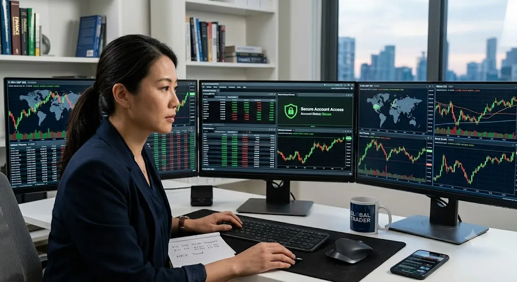 A realistic photograph of a female trader seated at a high-end, multi-monitor workstation in a modern office, analyzing global futures market data and financial charts with visible text indicating "Secure Account Access" status.