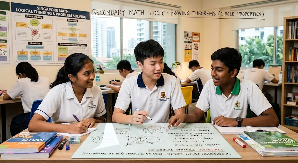 Three diverse Singapore secondary school students in uniform collaborating on a math problem on a whiteboard in a classroom.