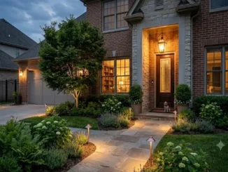 A two-story red brick home at twilight, featuring a well-lit front stone path bordered by shrubs, a neat front lawn, a mature illuminated maple tree, and a small dog sitting by the front door under a glowing lantern.