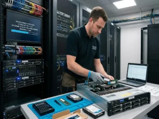 A male IT technician in a server room installs a RAM module into an open rack mount server on a workbench. Nearby, an integrated monitor shows a software upgrade progress bar.