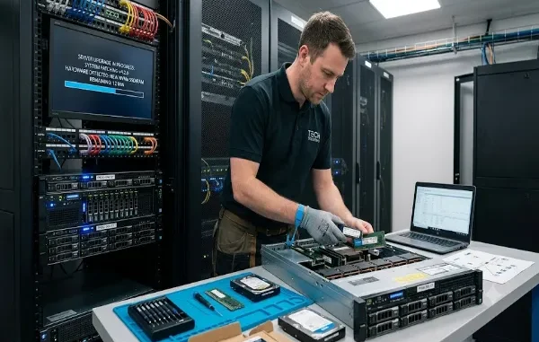 A male IT technician in a server room installs a RAM module into an open rack mount server on a workbench. Nearby, an integrated monitor shows a software upgrade progress bar.