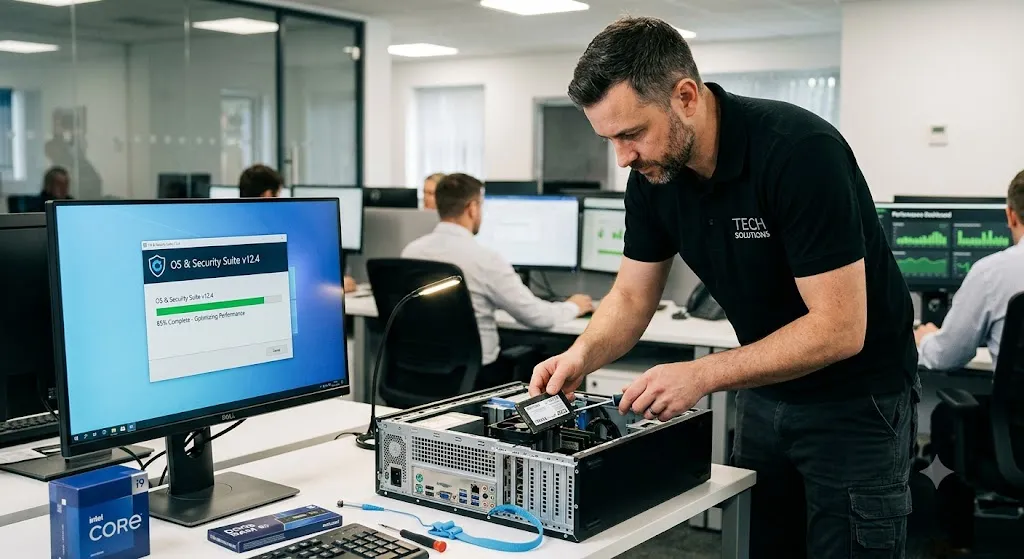 A realistic, wide photograph of an IT professional installing a hardware component into an open computer chassis on an office desk. On the desk next to the computer, a monitor displays a software update progress bar reading "85% Complete - Optimizing Performance." Unboxed retail packages for a new processor and solid-state drive are visible nearby. In the background, other office employees work at their desks in a bright, modern corporate environment.