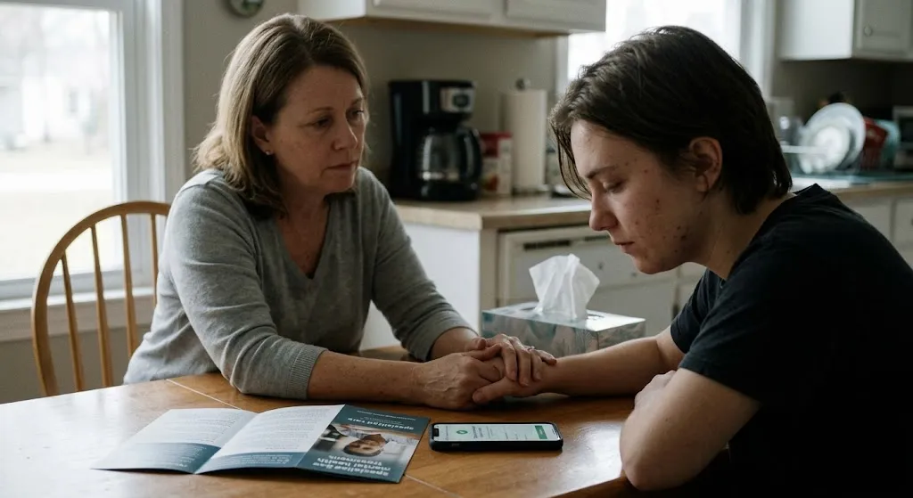 A realistic, candid photo capturing an intimate moment between a mother and her teenage or young adult child sitting at a wooden kitchen table. The mother looks on with a supportive, concerned expression as she gently holds her child's hand. The child looks down thoughtfully. On the table between them sits an open informational brochure about specialized mental health treatment and a smartphone. The background shows a softly lit, domestic kitchen setting, reflecting the transition from home support to professional care.