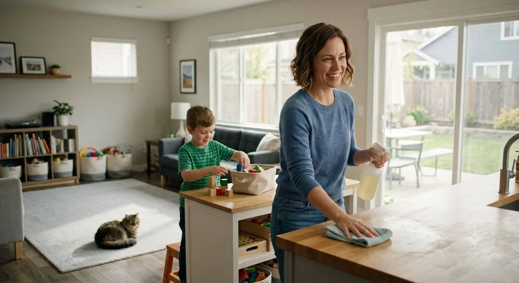 A smiling woman wipes down a clean wooden kitchen island with a cloth and spray bottle while her young son organizes building blocks nearby in a bright, tidy, and clutter-free living room.