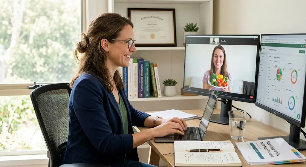 A professional female nutrition consultant sits at a bright, well-organized desk during a virtual client meeting. She smiles at her dual-monitor setup; one screen shows a video call with a client holding a plate of fresh vegetables, while the other displays custom meal-planning charts and data. A laptop, an open notebook with a meal plan sketch, and a printed business plan titled "Flourishing Online Nutrition Practice" sit on the wooden desk, with a framed certification visible on the shelf behind her.