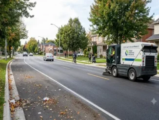 A side-view photograph of a green and white community maintenance street sweeper truck actively cleaning a wide, asphalt residential street on a sunny autumn day. The sweeper moves to the right, leaving a dark, cleaned path, while the foreground left edge shows a significant accumulation of fallen leaves and debris. In the background, pedestrians, a cyclist, and distant cars populate the well-manicured suburban neighborhood with large houses and mature trees.