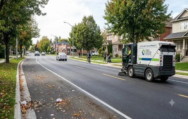 A side-view photograph of a green and white community maintenance street sweeper truck actively cleaning a wide, asphalt residential street on a sunny autumn day. The sweeper moves to the right, leaving a dark, cleaned path, while the foreground left edge shows a significant accumulation of fallen leaves and debris. In the background, pedestrians, a cyclist, and distant cars populate the well-manicured suburban neighborhood with large houses and mature trees.