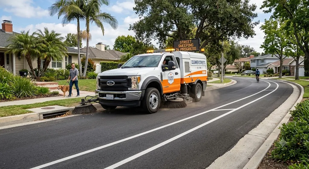 A modern white and orange street sweeping truck labeled "Cleaner Streets" operating in a clean, sunny suburban neighborhood. The truck has active rotating brushes sweeping debris near a curb and storm drain. In the background, a resident walks a dog on a tidy sidewalk, a cyclist rides down the road, and well-maintained homes with palm trees and green lawns stand under a clear blue sky.