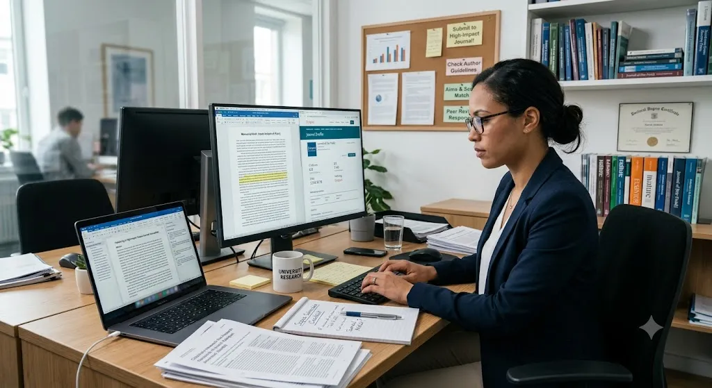 A realistic wide photograph of a female researcher in her 30s wearing glasses and a navy blue blazer, sitting focused at her office desk working on an academic paper submission. Her desk features a dual-screen setup: a laptop displaying a formatted manuscript draft and a large desktop monitor showing an online journal index dashboard with metrics like CiteScore. Printed research papers, a notepad with handwritten notes, and a mug that reads "University Research" sit on the wooden desk. In the background, a corkboard displays charts and sticky notes with reminders like "Submit to High-Impact Journal!" and "Check Author Guidelines," next to a bookshelf packed with academic journals and textbooks.