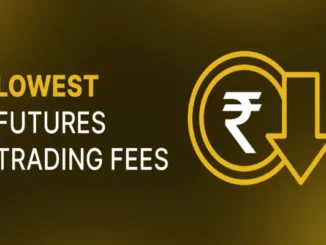 Graphic displaying the text 'Lowest Futures Trading Fees' alongside a gold Indian Rupee symbol enclosed in a circle with a down arrow, representing reduced trading charges on SunCrypto.