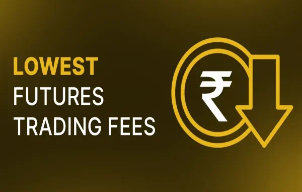 Graphic displaying the text 'Lowest Futures Trading Fees' alongside a gold Indian Rupee symbol enclosed in a circle with a down arrow, representing reduced trading charges on SunCrypto.
