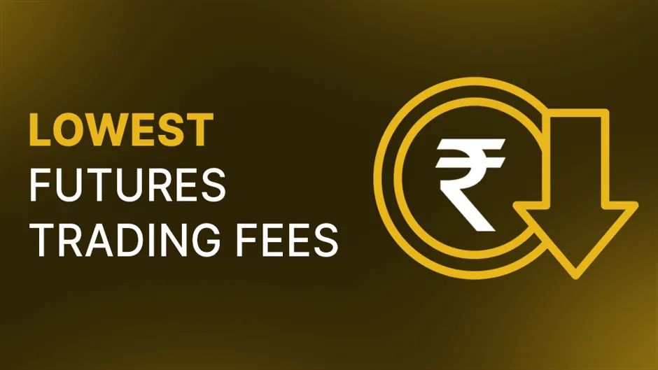 Dark gold graphic displaying the bold text "LOWEST FUTURES TRADING FEES" next to a white Indian Rupee symbol inside a gold coin with a downward-pointing arrow, representing low crypto trading fees in India.