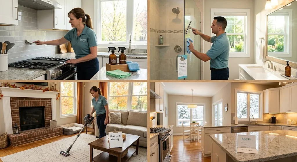 A four-panel photo collage showcasing professional house cleaning services by Swept Up Cleaning Co. across different rooms and seasons. Top left: A female cleaner in a teal polo shirt cleans a kitchen backsplash near a stovetop. Top right: A male cleaner squeegees a glass shower door in a bright bathroom. Bottom left: A cleaner vacuums a living room rug in front of a fireplace with autumn decor. Bottom right: A clean, sunlit kitchen with a snowy winter view outside the window and a "Thank You" card from Swept Up Cleaning Co. on the granite island.