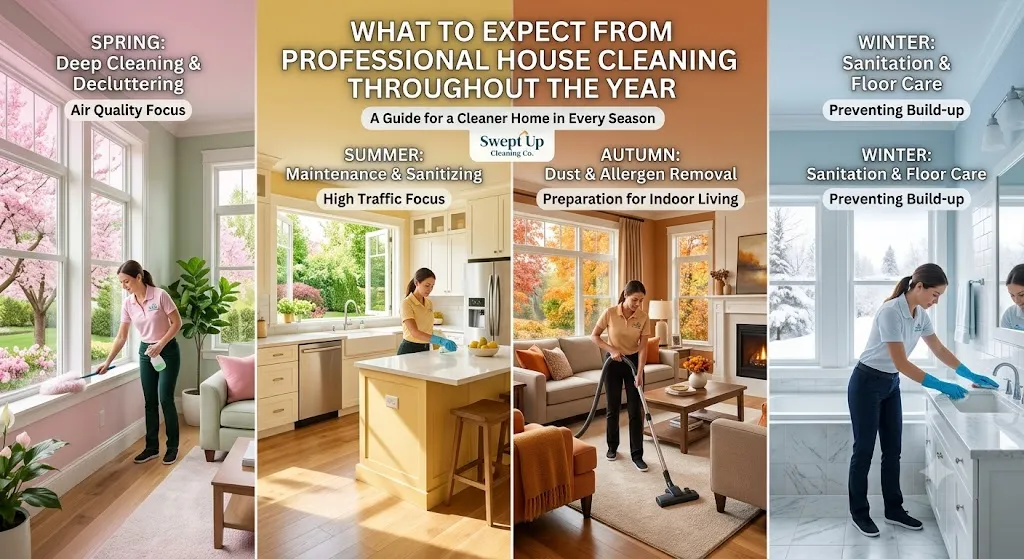 An infographic titled "What to Expect From Professional House Cleaning Throughout the Year," illustrating seasonal cleaning focuses. The image is divided into four colored sections, each with a professional cleaner from Swept Up Cleaning Co. performing specific tasks. From left to right:

SPRING (pink section): A cleaner dusts windows in a living room with blooming trees outside. Text: "Deep Cleaning & Decluttering" and "Air Quality Focus."

SUMMER (yellow section): A cleaner cleans a kitchen counter. Text: "Maintenance & Sanitizing" and "High Traffic Focus."

AUTUMN (orange section): A cleaner vacuums a living room carpet with fall foliage outside. Text: "Dust & Allergen Removal" and "Preparation for Indoor Living."

WINTER (blue section): A cleaner scrubs a bathroom sink with a snowy view outside. Text: "Sanitation & Floor Care" and "Preventing Build-up."
The guide was created for "Swept Up Cleaning Co."