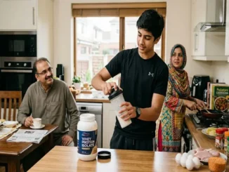 A teenage boy in athletic clothes closing a shaker bottle with a tub of whey protein isolate on the kitchen counter, while his parents are nearby in a modern Pakistani home setting.