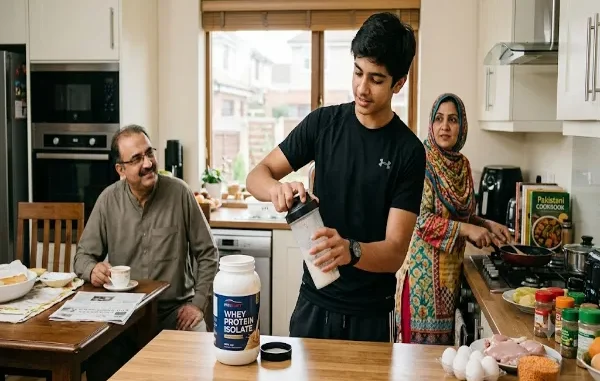 A teenage boy in athletic clothes closing a shaker bottle with a tub of whey protein isolate on the kitchen counter, while his parents are nearby in a modern Pakistani home setting.