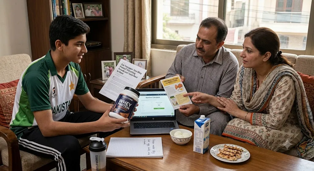 A teenage athlete in Pakistan discussing whey protein powder and daily nutritional needs with his parents in a living room setting.