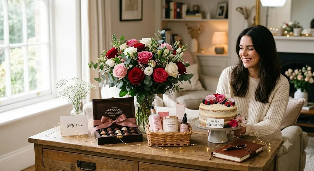 A warm, brightly lit living room featuring a arrangement of red and pink roses, a gift box of chocolates, luxury skincare products, and a naked cake.