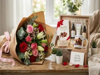 A beautiful gift arrangement on a wooden table featuring a large bouquet of red and pink roses, a wooden gift box containing artisan chocolates, beauty products, a personalized photo mug, and small succulents, with a card that reads 'For My Someone Special'.