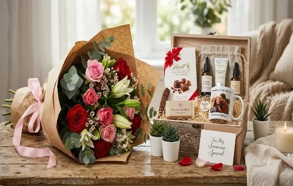 A beautiful gift arrangement on a wooden table featuring a large bouquet of red and pink roses, a wooden gift box containing artisan chocolates, beauty products, a personalized photo mug, and small succulents, with a card that reads 'For My Someone Special'.