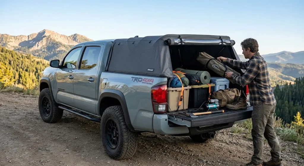 A grey Toyota Tacoma parked on a mountain trail, equipped with a soft canvas camper shell while a man packs organized camping gear into the truck bed.