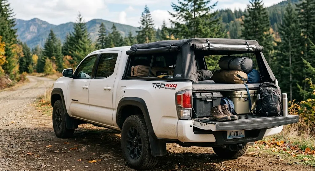 White Toyota Tacoma TRD 4x4 parked on an outdoor mountain trail featuring a black canvas soft camper shell with rolled-up side panels, packed with camping gear, cooler, and hiking boots.