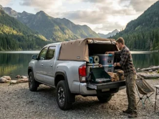 A silver Toyota Tacoma with a Softopper canvas camper shell installed, parked by a mountain lake at sunset. A man accesses the open tailgate, which is organized with camping gear and storage bins.