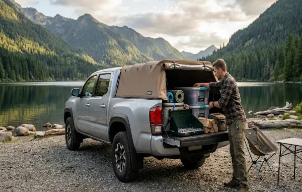 A silver Toyota Tacoma with a Softopper canvas camper shell installed, parked by a mountain lake at sunset. A man accesses the open tailgate, which is organized with camping gear and storage bins.