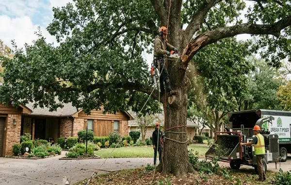 A photo of an arborist from Urban Timber Tree Services pruning a large oak tree in a residential yard. He is up in the tree using a chainsaw to remove a damaged branch, supported by ropes. A ground crew member assists below, and another worker is by a wood chipper and a service truck. The suburban home is in the background.
