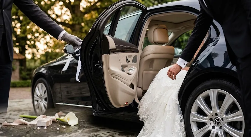 A detailed close-up of an open rear door of a black Mercedes-Benz S-Class sedan. A gloved hand of a chauffeur holds the door handle, which has a white silk ribbon tied to it. The groom's hand helps guide the bride's intricate lace wedding gown skirt as she steps into the car. The luxurious, quilted beige leather interior of the sedan is visible. In the foreground on a damp stone pavement, a velvet ring box with rings, individual pearl pins, and a single calla lily are arranged as wedding details. The background is a soft bokeh of lush natural light filtering through green leaves, with the historic building out of view.