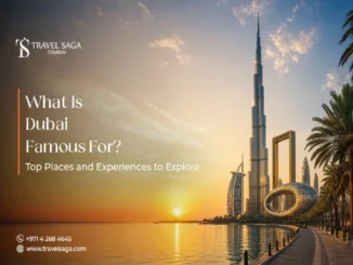 Digital artwork showing famous Dubai landmarks like the Burj Khalifa, Museum of the Future, Dubai Frame, and Burj Al Arab along a waterfront at sunset.